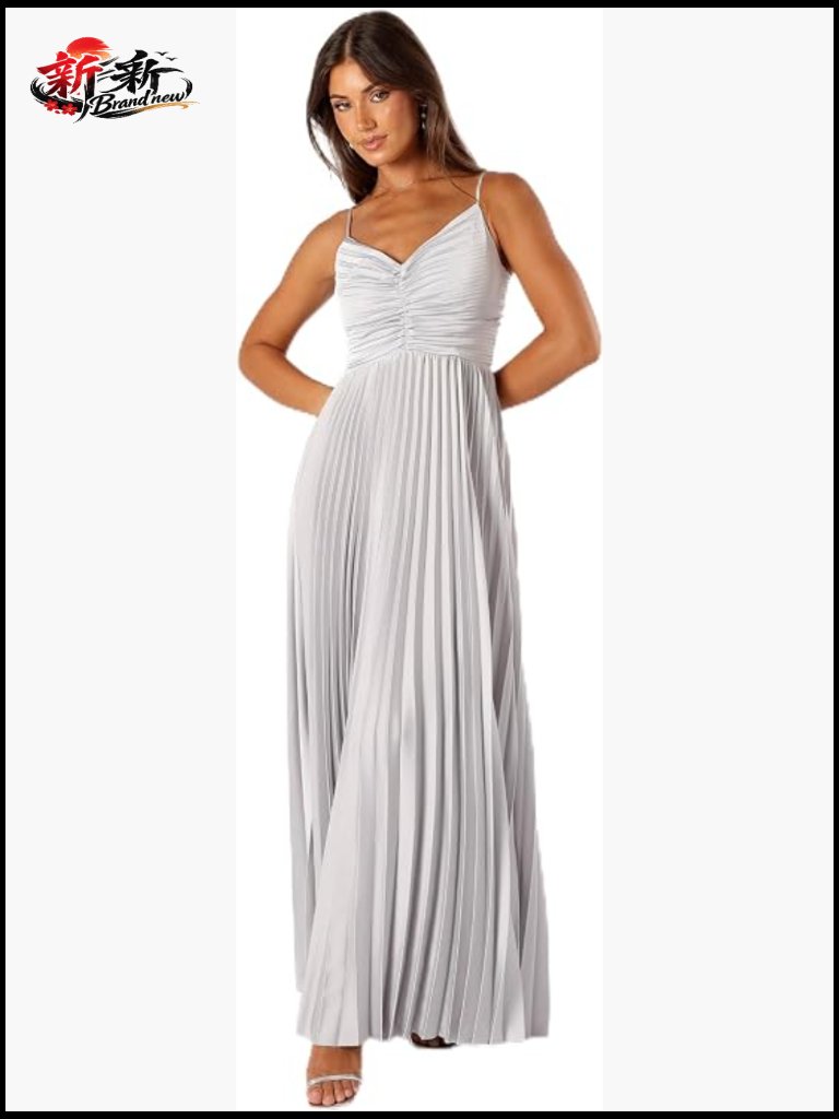 V-Neck Pleated Satin Maxi Dress With Adjustable Straps